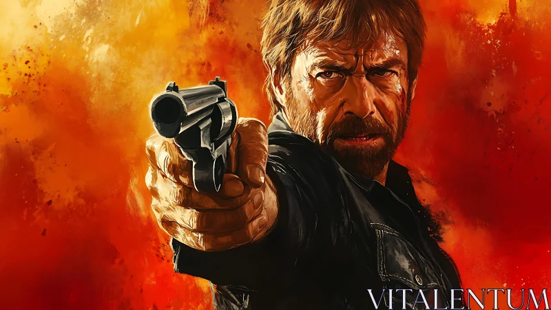 Hardened action hero aims revolver against fiery backdrop.