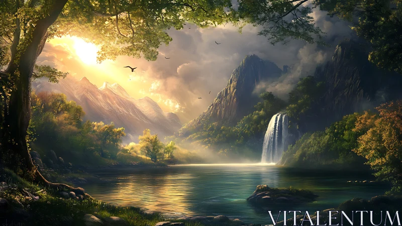 Mountain lake landscape with waterfall under low sunlight.