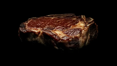 Dry aged ribeye steak glows under dramatic studio lighting.