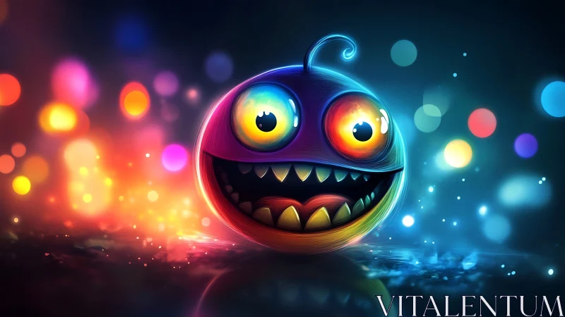 Glowing cartoon monster orbits within neon bokeh lights