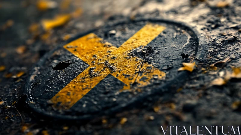 Weathered yellow road cross glows softly in autumn rain