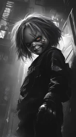 Sinister stitched doll prowls a shadowy urban alleyway.