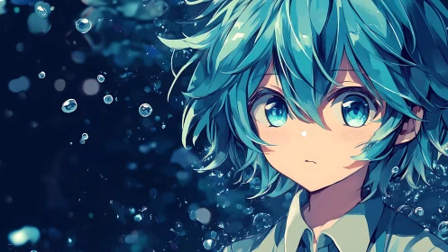 Aqueous teal-haired anime portrait with refractive droplets.