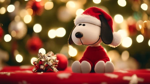 Festive beagle toy in Santa hat amid warm bokeh lights.