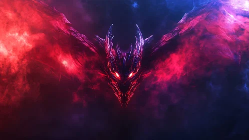 Winged fire dragon face emerging from red and blue smoke.