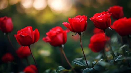 Vivid Red Rose Blooms Captured in Shallow Depth of Field with Golden Bokeh