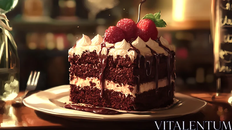 Layered Chocolate Cake with Cream Frosting and Fresh Raspberries