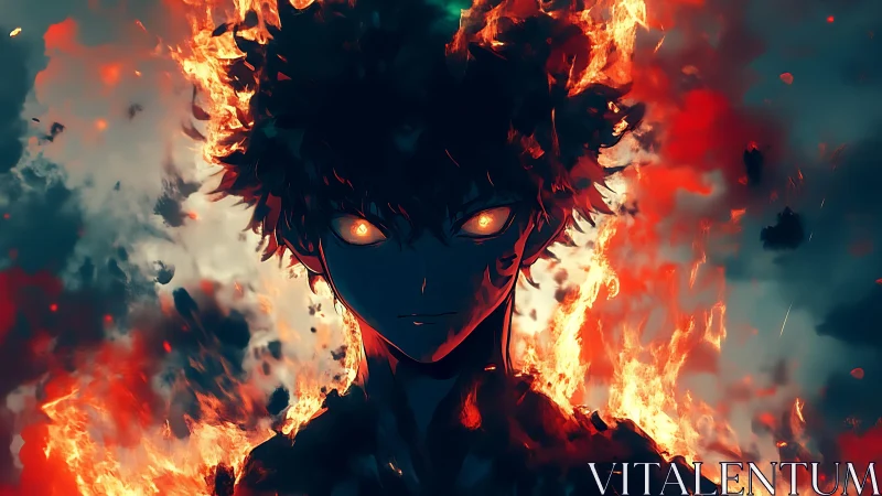 Incandescent anime silhouette with engulfing bokeh firestorm glow