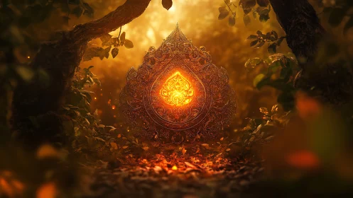 Glowing forest talisman cradled in warm twilight hush.
