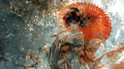 Kimono-clad anime woman under detailed red parasol.