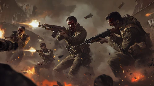 Zombie soldiers advance through urban battlefield under fire