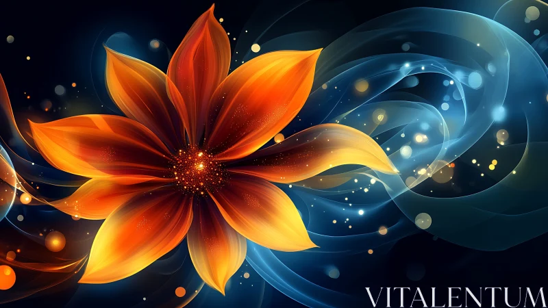 Luminous orange flower floats through swirling nebula light