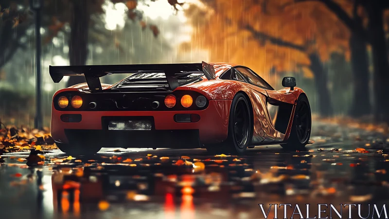 Rear view of red sports car on wet autumn roadway.