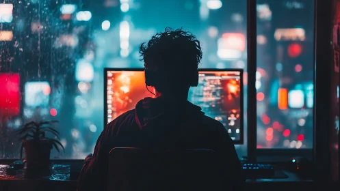 Programmer at dual monitors in neon lit night workspace.
