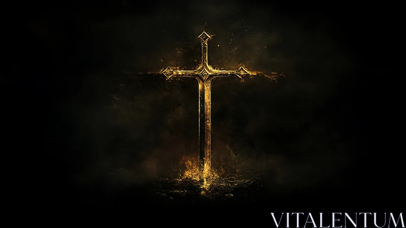 Luminous molten gold cruciform emblem on black void field