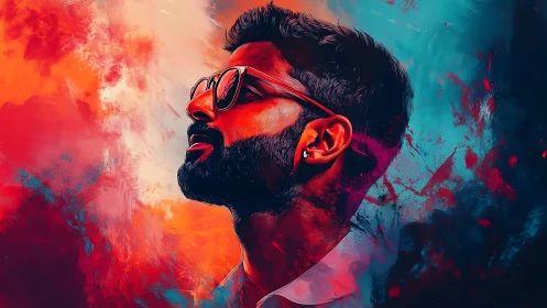 Vibrant digital portrait merges warm and cool chromatic fields
