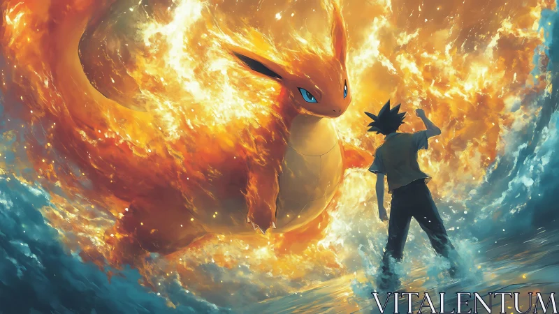 Fiery dragon companion rises as a young hero stands strong