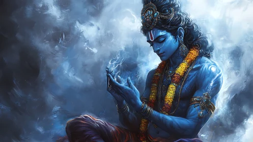 Divine blue deity in meditative power pose digital artwork.