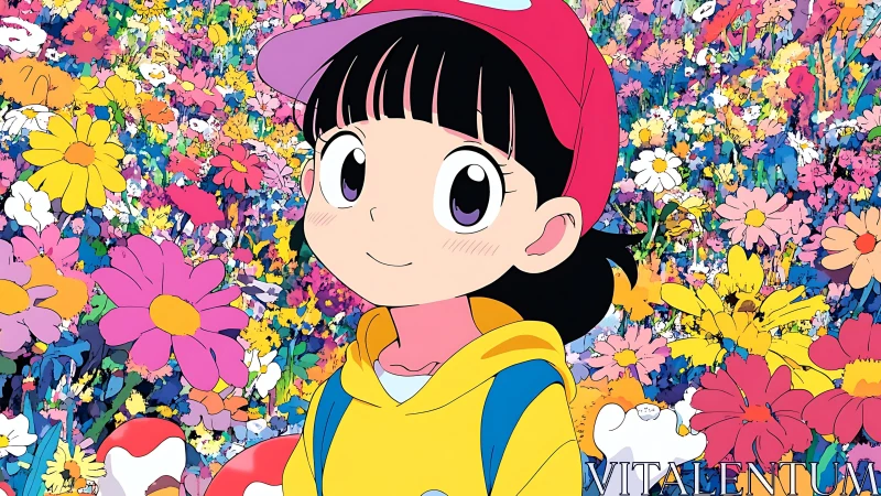 Bright-eyed child smiles softly amid a rainbow flower field