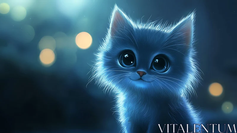 Luminous Blue Kitten Portrait Against Ambient Bokeh.