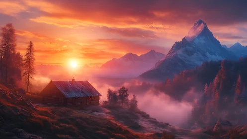 Mountain sunrise bathes misty valley cabin in firelight.