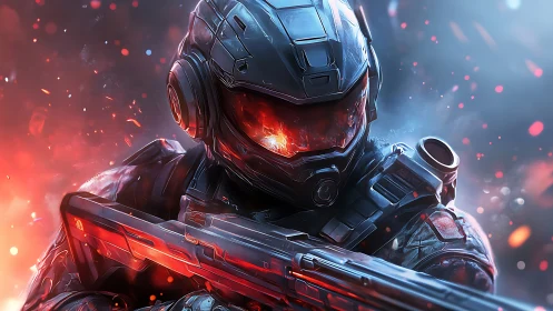 Armored space soldier amid blazing neon embers in combat.