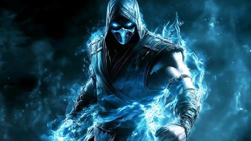 Hooded warrior in blue energy with skeletal mask design.