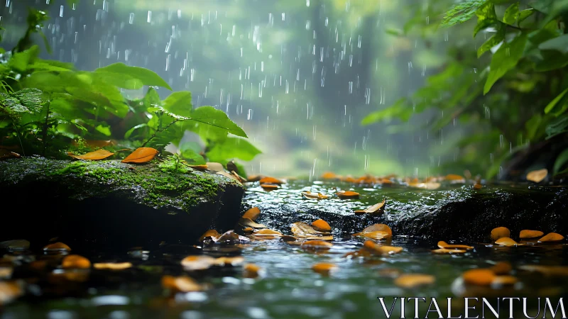 Rain falls on mossy forest rocks and leaf covered water