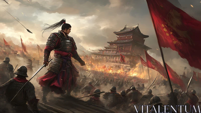 Armored warlord commands siege amid blazing fortress chaos