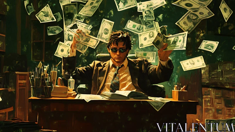 Office worker at cluttered desk under levitating dollar bills