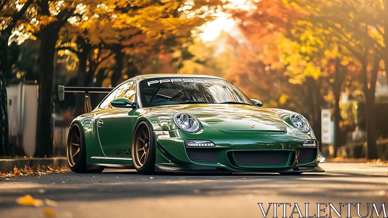 Green Porsche GT3 rests under glowing autumn foliage.