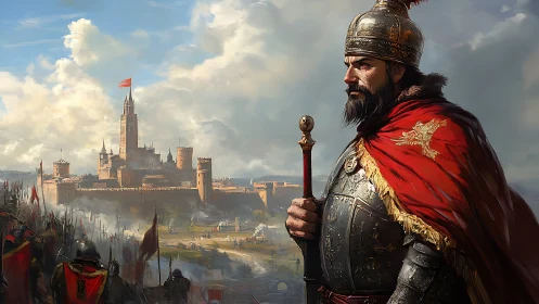 Medieval commander observing fortified city under army siege.