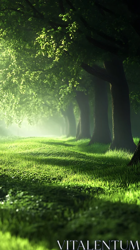 Luminous forest path bathed in emerald light.