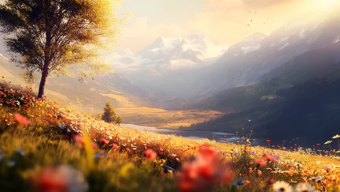 Digital landscape shows alpine meadow, valley and snowy peaks
