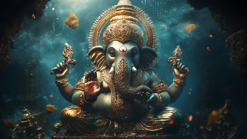 Ornate digital depiction of Lord Ganesha in blue light.