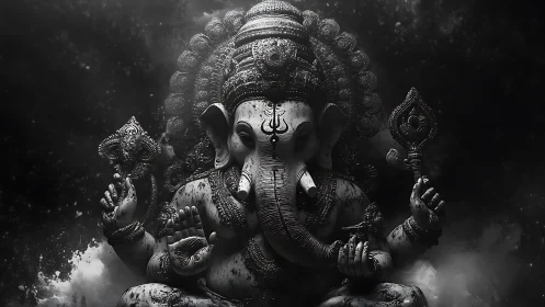 Monochrome depiction of multi-armed elephant-headed deity figure.