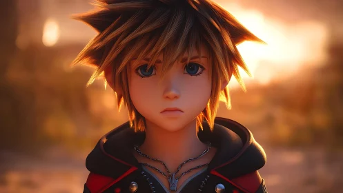 Anime youth portrait with sunset backlight and shallow depth of field.