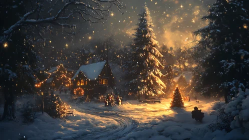 Snow-covered village shows illuminated cabins and fir trees