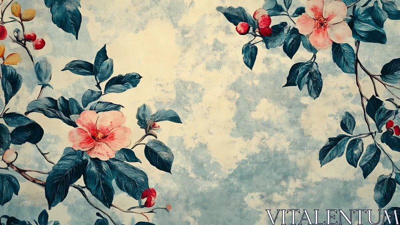 Floral branches extend across a textured blue background