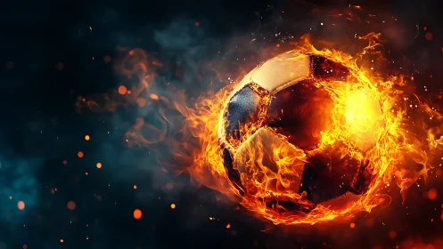 Blazing soccer ball racing through sparks and smoky night sky.