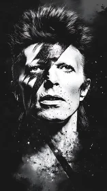 Monochrome split-portrait with lightning motif and ink splatter