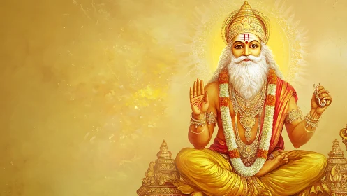 Golden divine sage seated in lotus pose against radiant halo