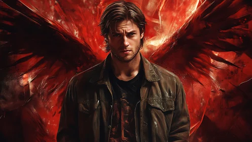 Male figure stands before stylized red wings in digital art