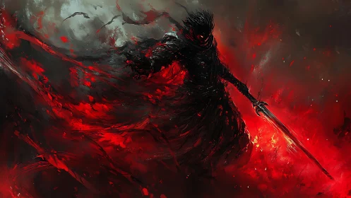 Shadowblade walks the burning storm of crimson embers.