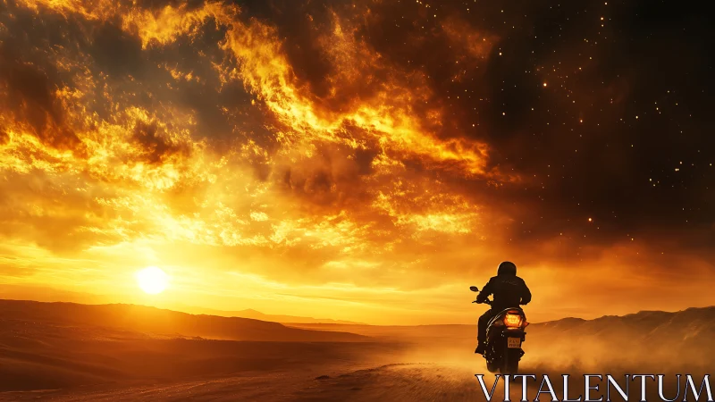 Motorcyclist on desert trail under fiery twilight nebula sky