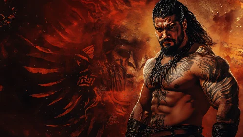 Fierce warrior stands strong in fiery, powerful light.