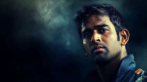 Male portrait in low key lighting with dark misty backdrop.