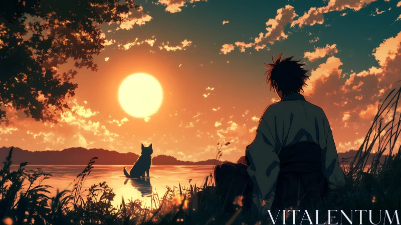 Samurai youth and dog silhouette watching cinematic lake sunset