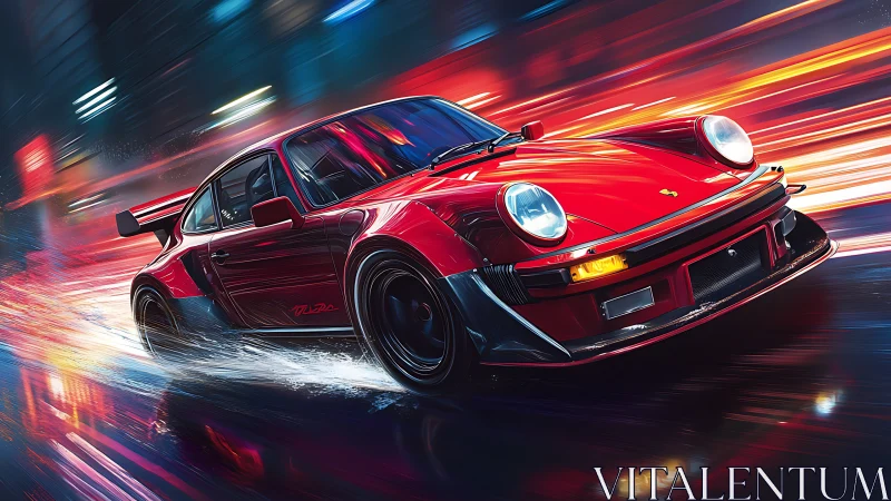 Red sports car drifts through neon city at high speed