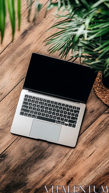 Silver laptop rests on rustic wooden desk beside plant